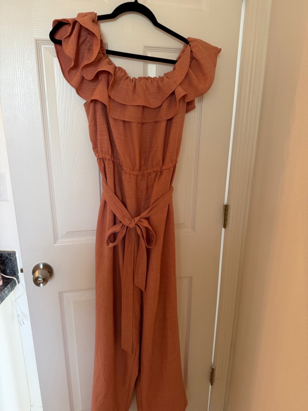 Rust Ruffle Off-Shoulder Jumpsuit burnt orange